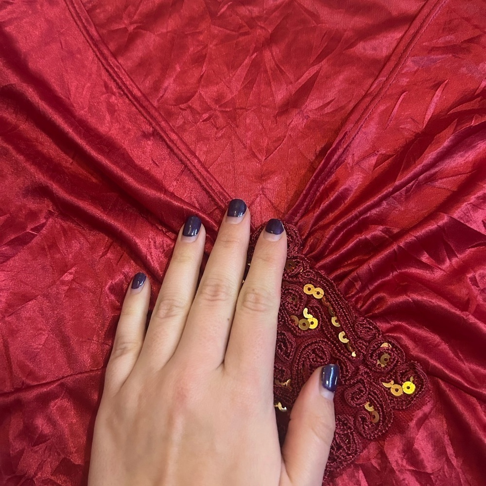 90’s Mikk Couture Elegant Satin Red Long Sleeve Wrap Bust Top Sequin - Picture 2 of 8